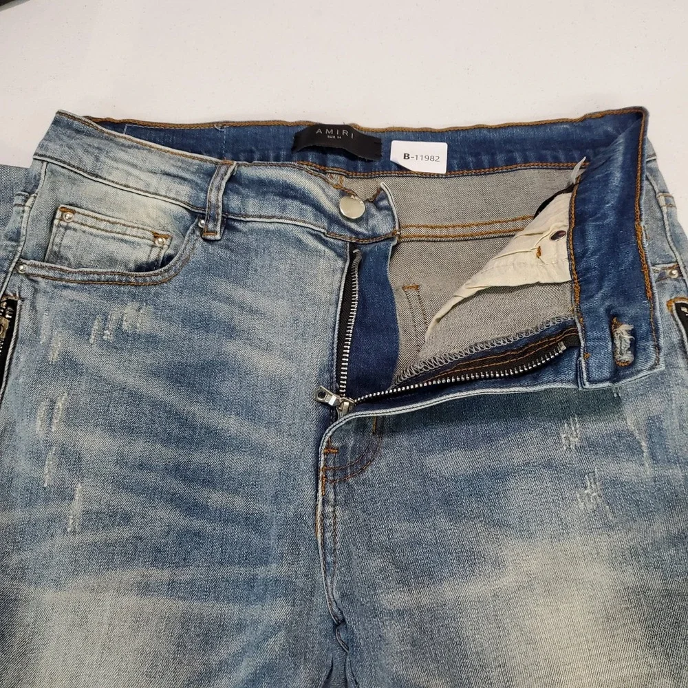 Amiri Men Jeans 34 Blue Denim‎ Slim Biker Moto Punk Streetwear Zipper Splice